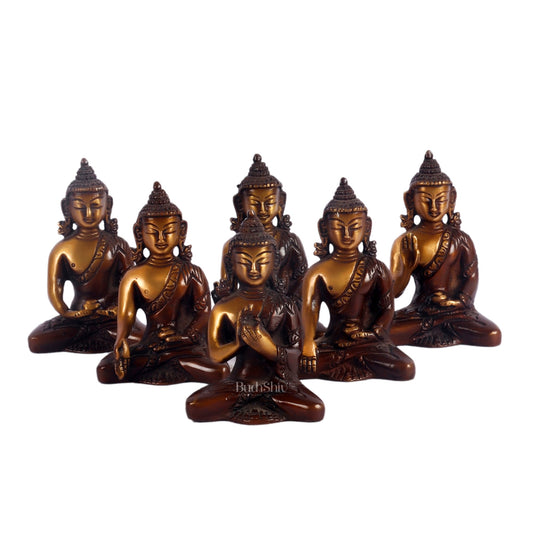 Pure Brass Buddha Miniature Set | 6 Mudras | Brown Gold | Height 3 inches - Budhshiv.com