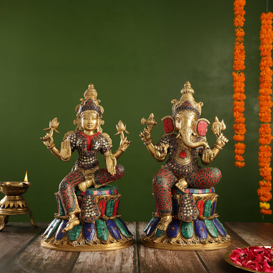 Pure Brass Ganesha and Lakshmi Idols 15 inch - Budhshiv.com