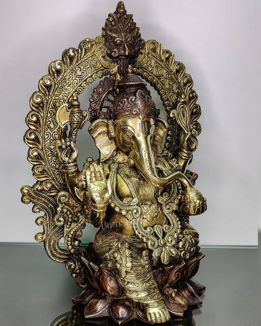 Pure Brass Handcrafted Ganesha Idol - 15.5" Height, Brown and Gold Antique Finish - Budhshiv.com