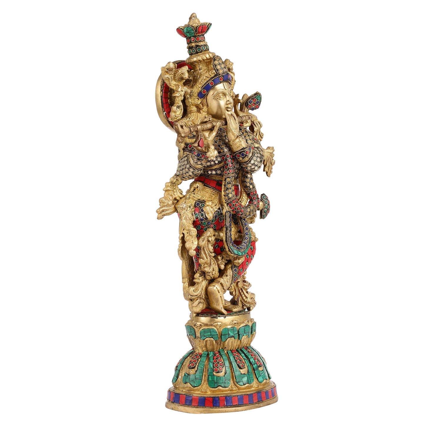 Pure Brass Handcrafted Krishna Statue with Stonework | Height 21 inch - Budhshiv.com