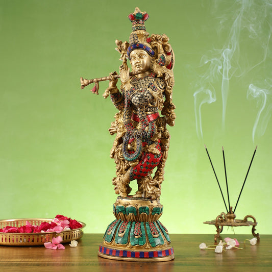 Pure Brass Handcrafted Krishna Statue with Stonework | Height 21 inch - Budhshiv.com