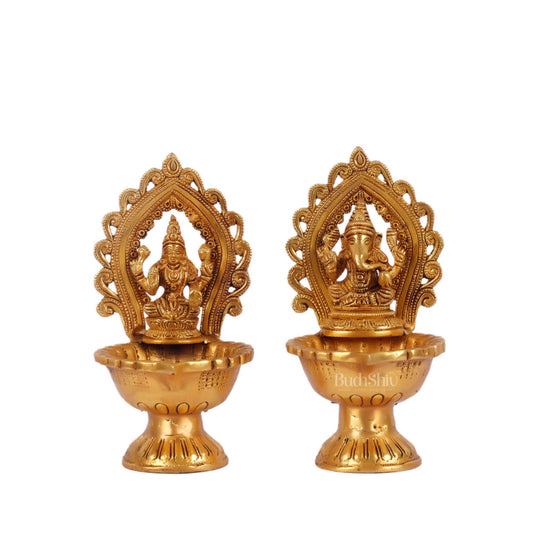 Pure Brass Handmade Ganesha and Lakshmi Oil Lamps Pair 8.5" - Budhshiv.com