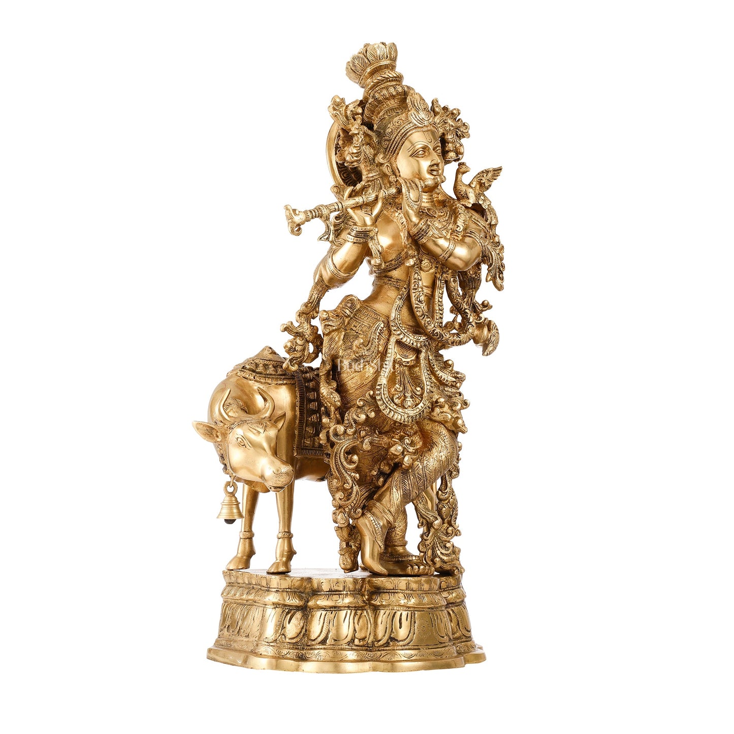 Pure Brass Krishna with Cow Idol: Divine Symbol of Love and Health, 26.5 inch - Budhshiv.com