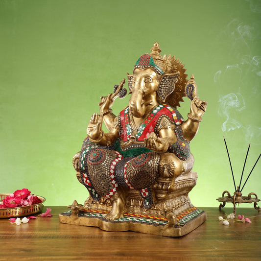 Pure Brass Lord Ganesha on Large Throne - Handcrafted Brass Murti, 20" Height - Budhshiv.com