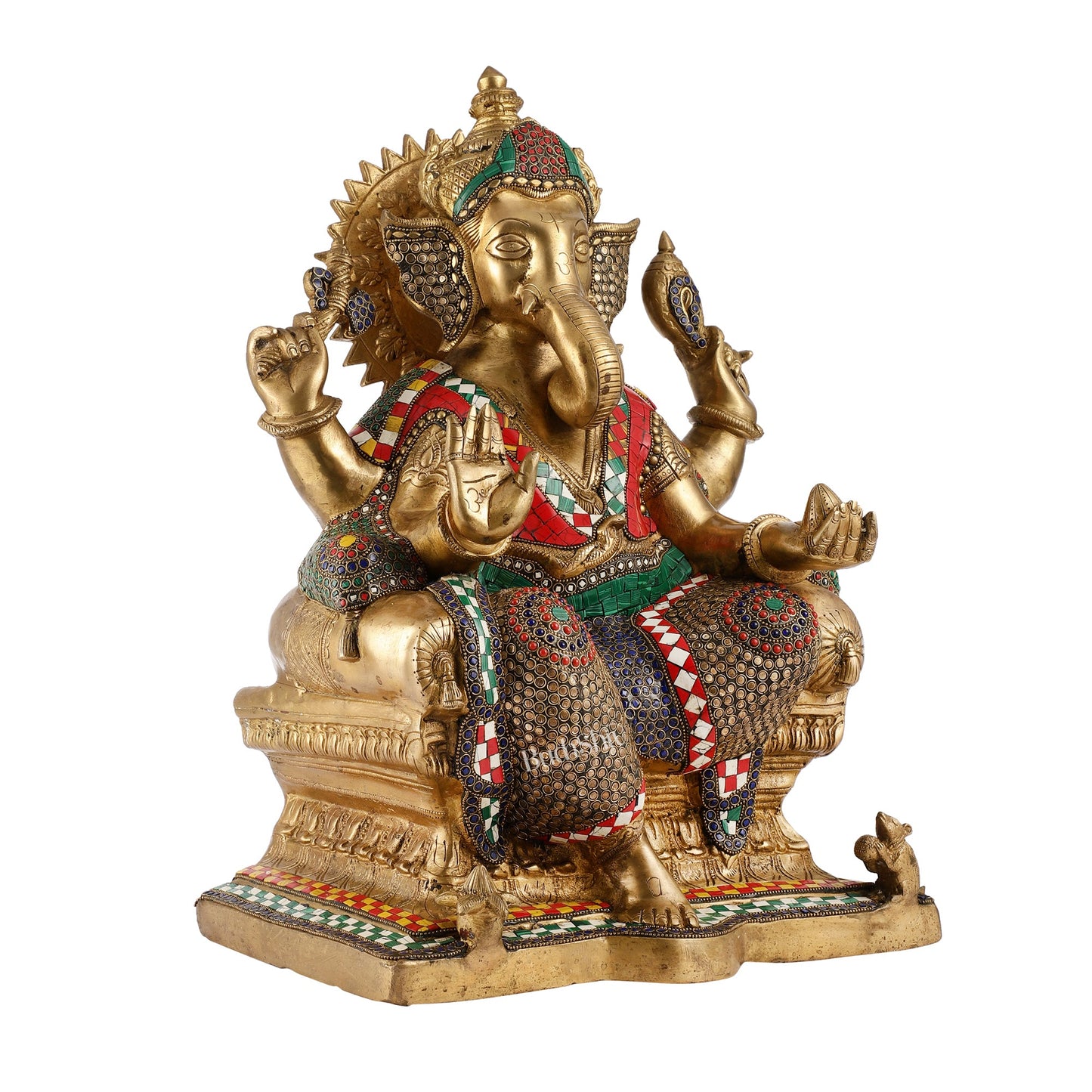 Pure Brass Lord Ganesha on Large Throne - Handcrafted Brass Murti, 20" Height - Budhshiv.com