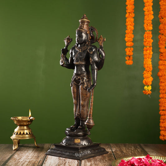 Pure Brass Lord Vishnu Statue | 20" Height | Black Gold Finish - Budhshiv.com