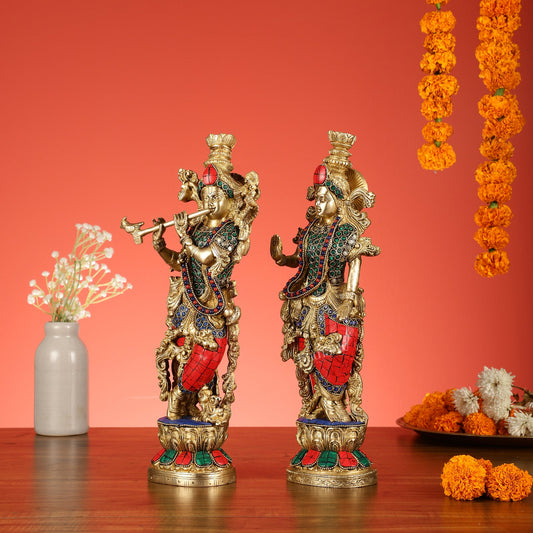 Pure Brass Radha Krishna Statues - Exquisite Handcrafted Art - 14 inch - Budhshiv.com