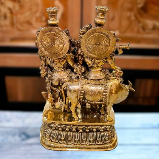 Pure Brass Radha Krishna with cow 21 inches - Budhshiv.com