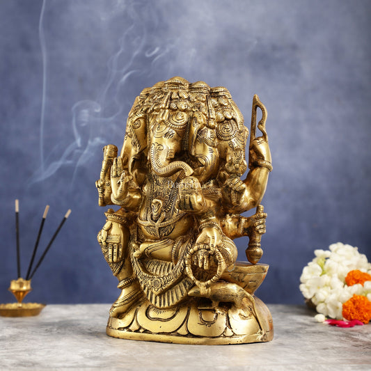 Pure Brass Superfine Panchmukhi Ganesha Statue - 11 inch - Budhshiv.com