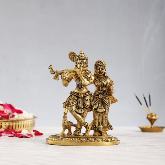 Pure Brass Superfine Radha Krishna Idol with Peacock 7 inch - Budhshiv.com