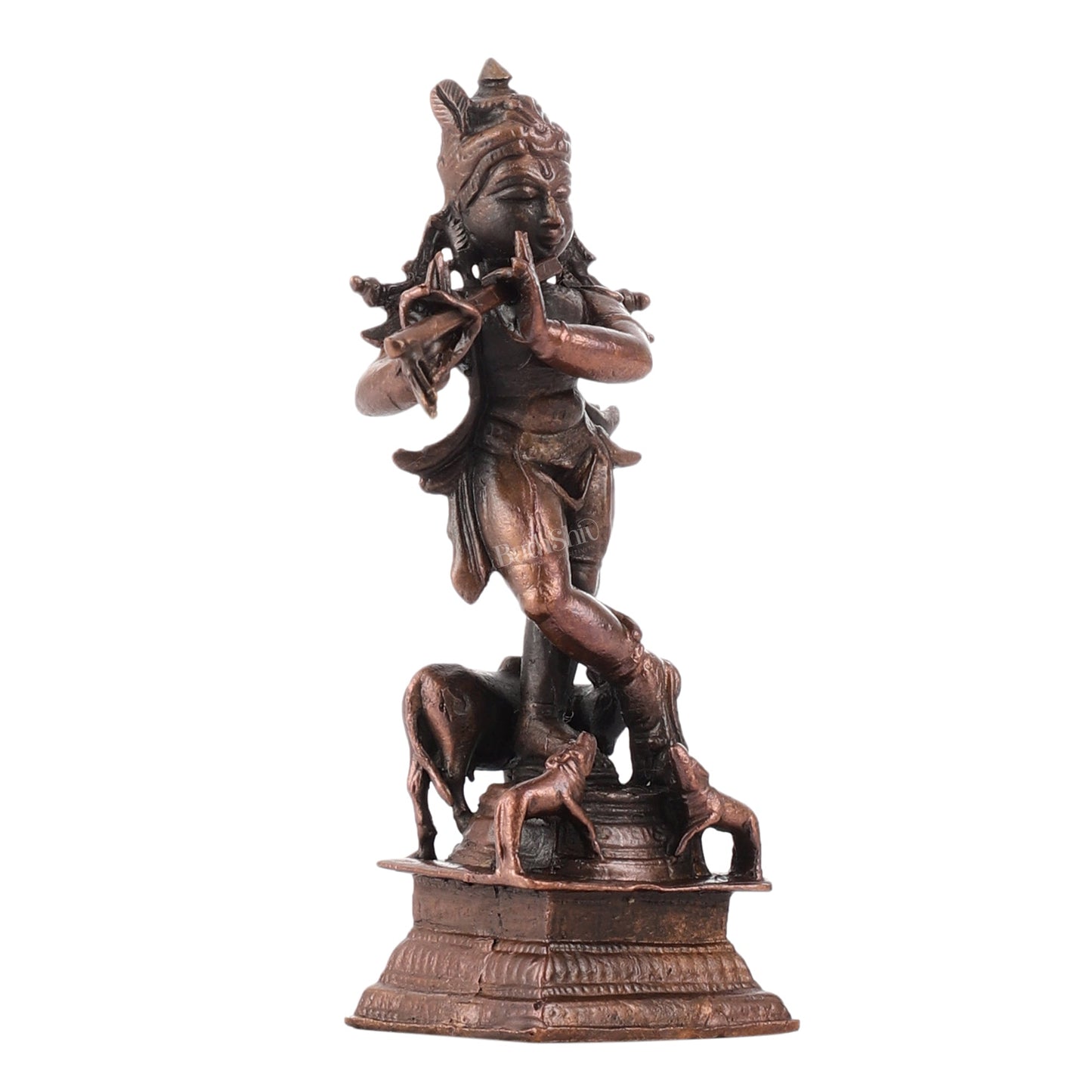 Pure Copper Lord Krishna with Cow Idol | Height 4.5 inch | BudhShiv Brass Handicrafts - Budhshiv.com