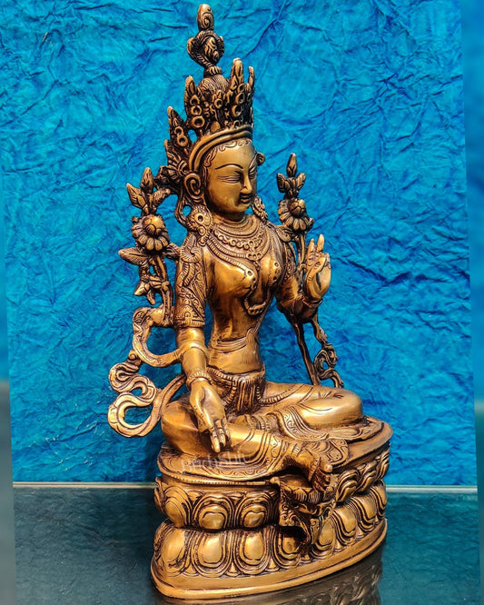 Pure Fine Brass Green Tara Statue | 14" x 8" x 5" | - Budhshiv.com