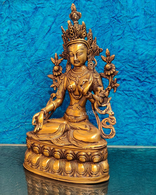 Pure Fine Brass White Tara Statue | 14" x 8" x 5" | - Budhshiv.com
