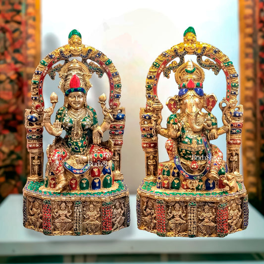 Sacred Harmony: Brass Ganesha and Lakshmi statue pair 20" - Budhshiv.com