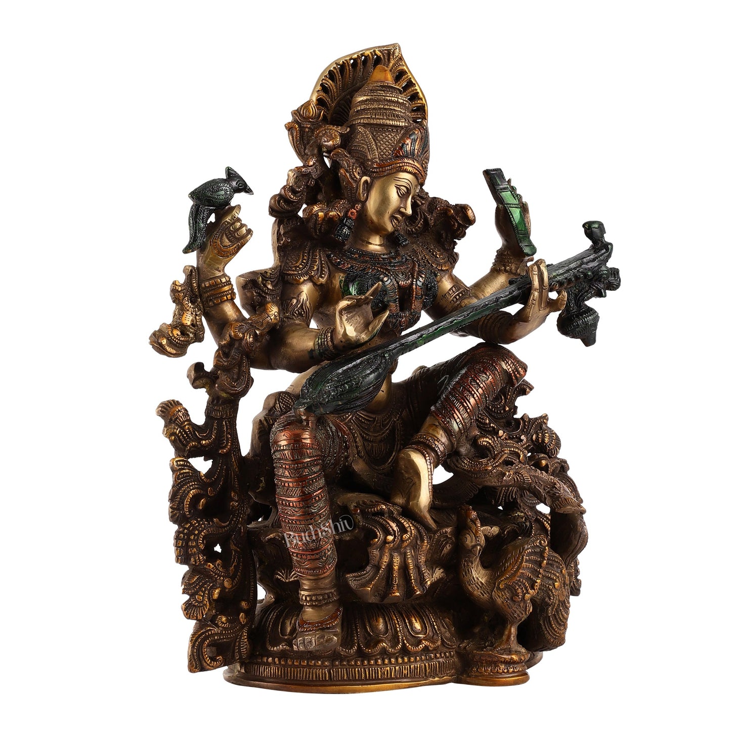 Saraswati brass idol 16 inches hand-painted - Budhshiv.com