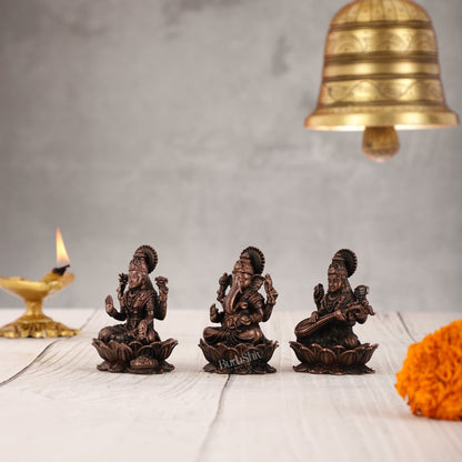Set of Three Pure Copper Ganesha, Lakshmi, and Saraswati Idols - 2.5 Inch - Budhshiv.com