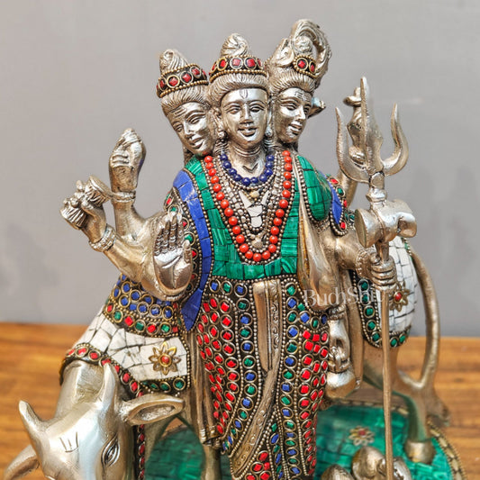 Silver plated Three faced Dattatreya guru with a cow and four dogs large sized 11 inches - Budhshiv.com