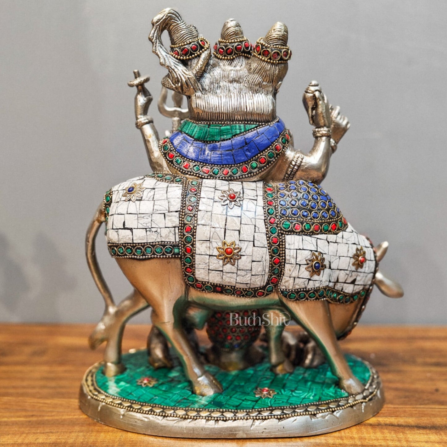 Silver plated Three faced Dattatreya guru with a cow and four dogs large sized 11 inches - Budhshiv.com