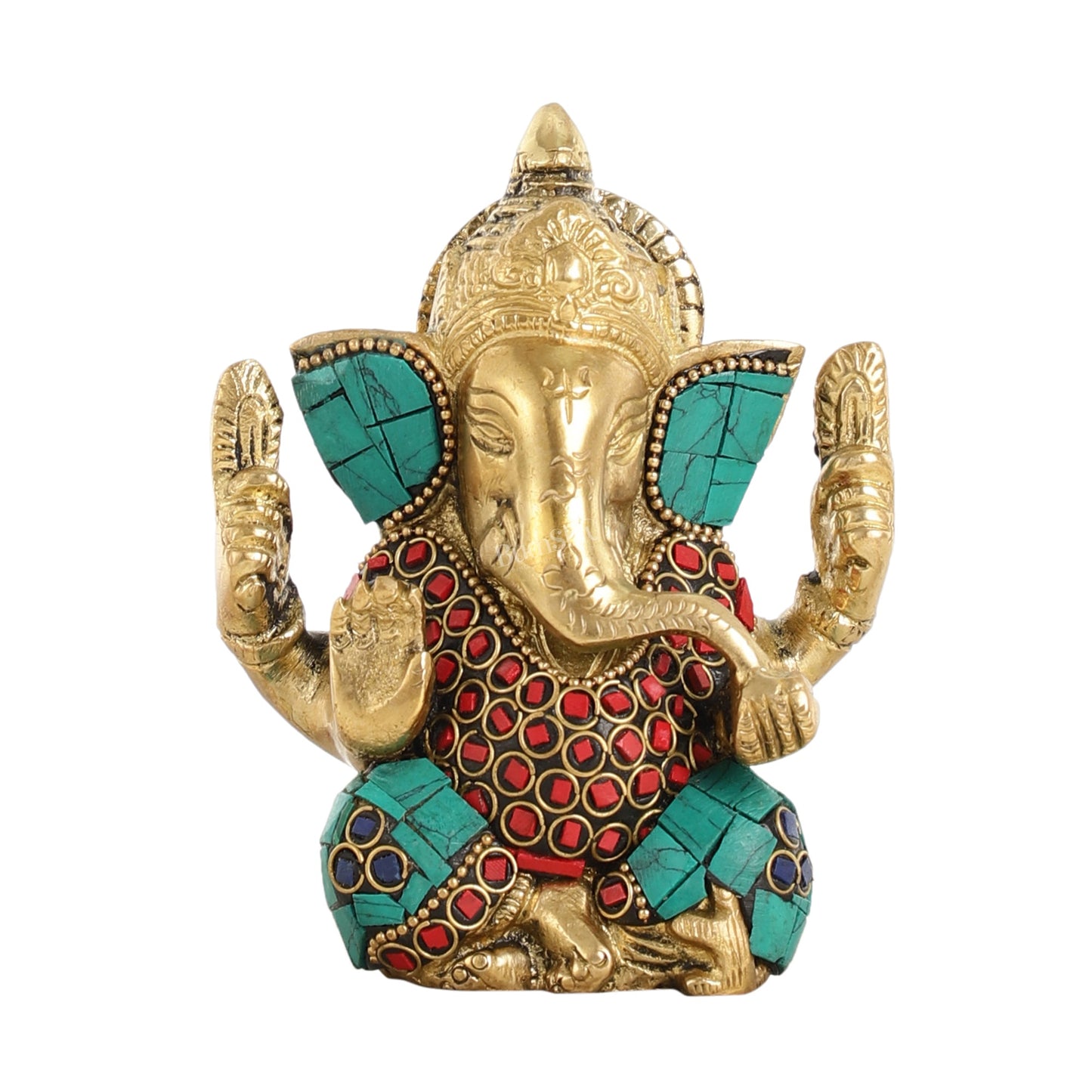 Small Pure Brass Lord Ganesha Idol with Stonework - 5 Inch - Budhshiv.com