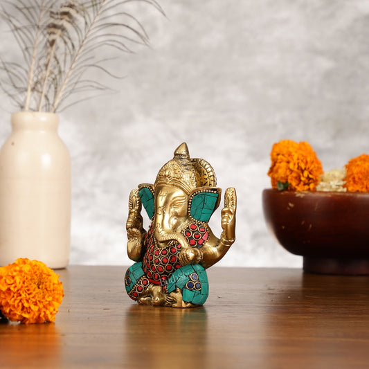 Small Pure Brass Lord Ganesha Idol with Stonework - 5 Inch - Budhshiv.com