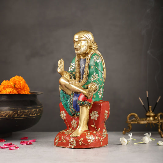 Superfine 10.5-Inch Brass Shirdi Sai Baba Idol with Stonework - Budhshiv.com