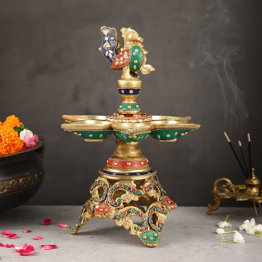 Superfine 12.5-Inch Brass Peacock Lamps with Stonework - Budhshiv.com