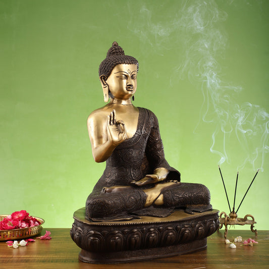 Superfine Brass Buddha Statue | Abhaya Mudra | 21 inches Height | Copper Finish - Budhshiv.com