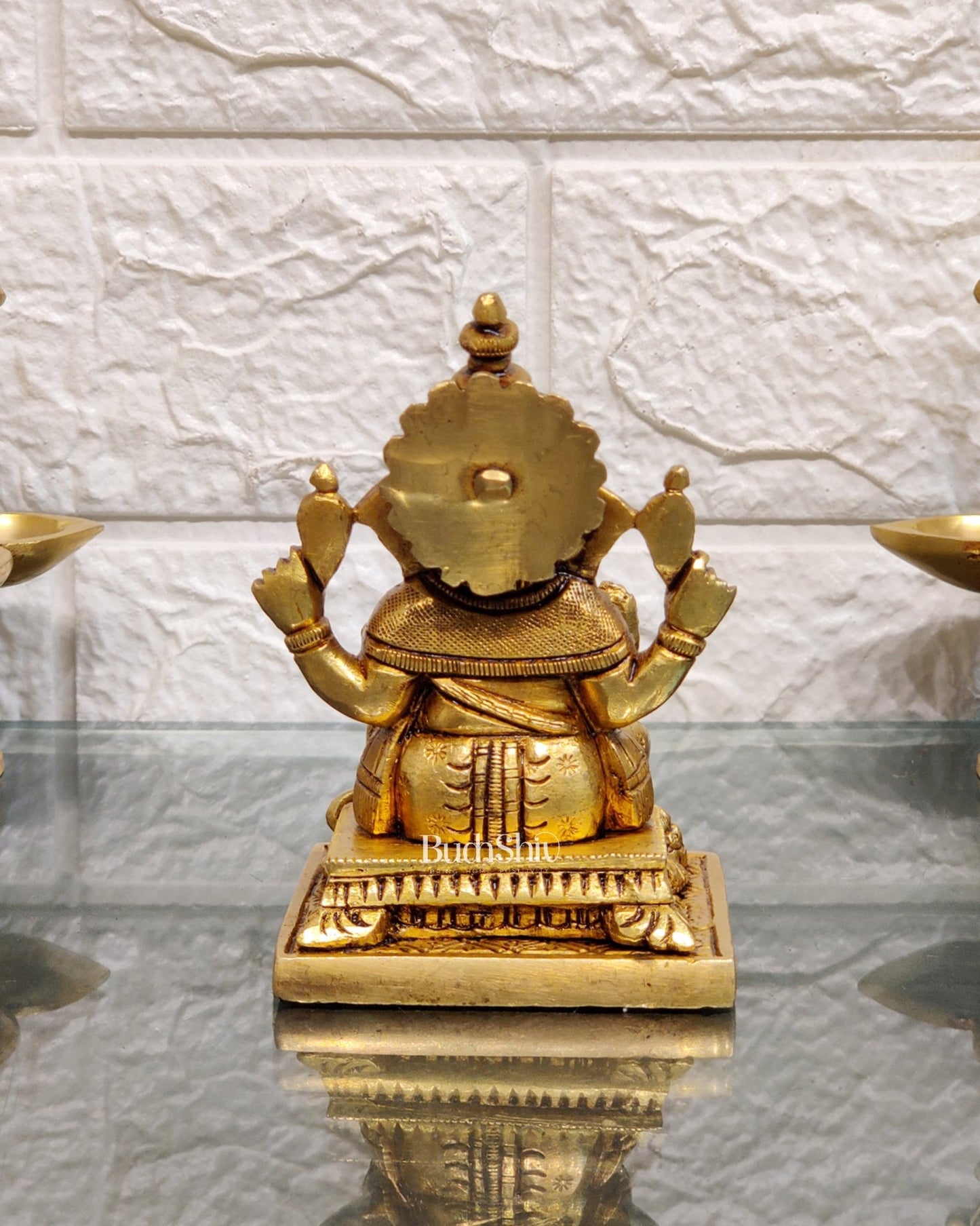 Superfine Brass Ganapathi Idol with Fruit Bowl and Mooshak | Height 3.5 inches - Budhshiv.com