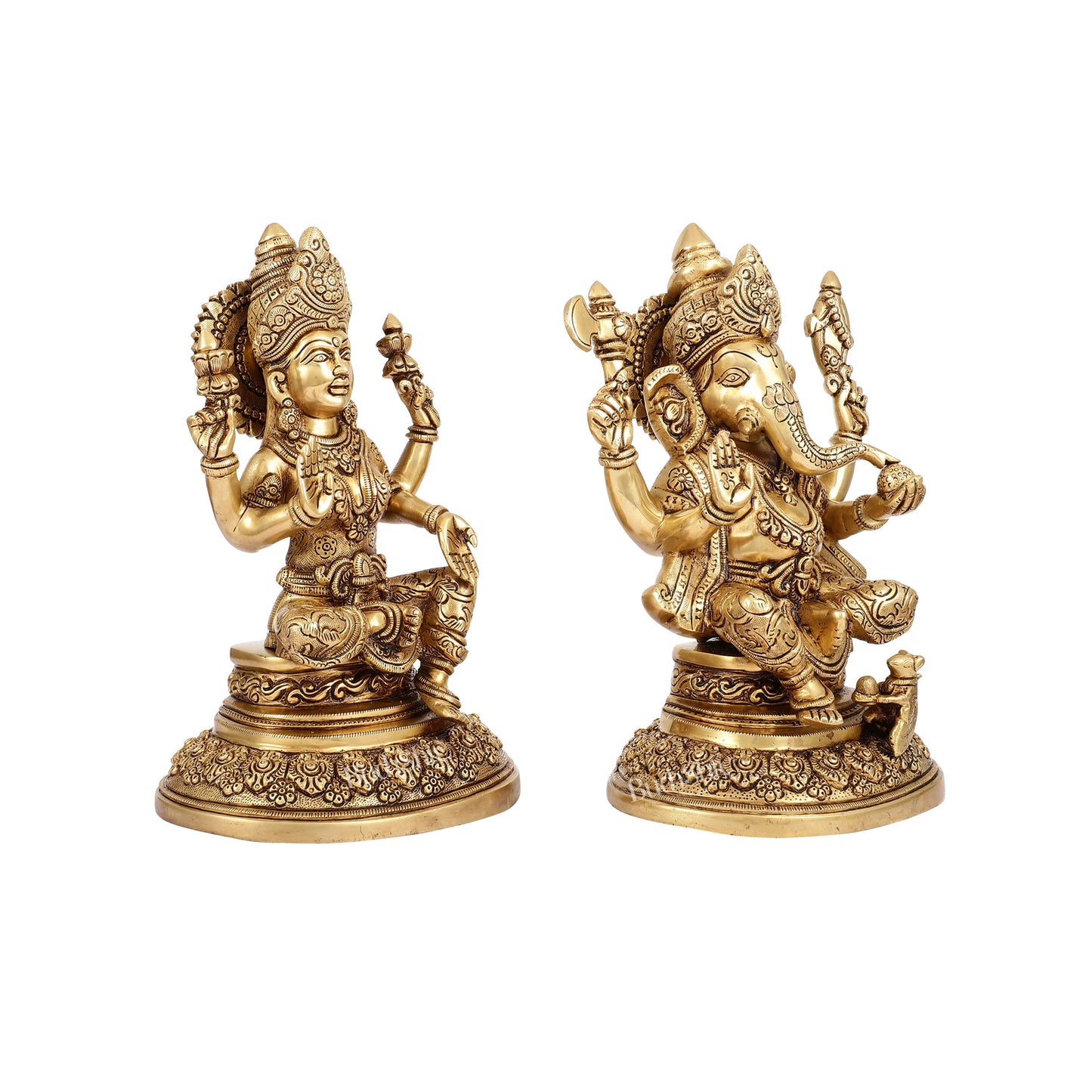Superfine Brass Ganesh Lakshmi Idols with Intricate Carvings | 12" Butter Gold - Budhshiv.com