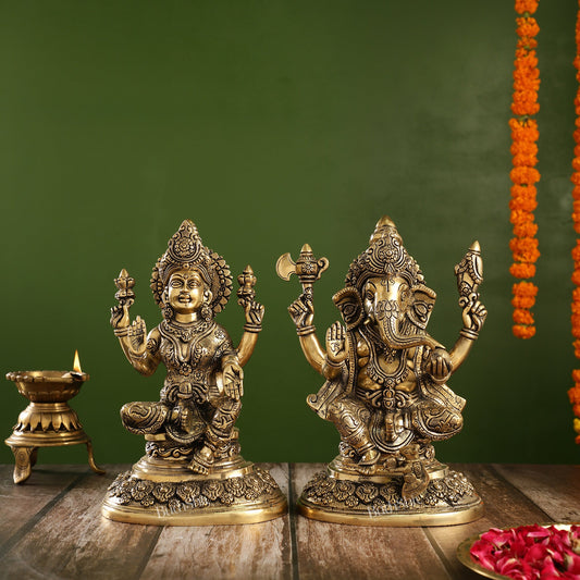 Superfine Brass Ganesh Lakshmi Idols with Intricate Carvings | 12" Height - Budhshiv.com