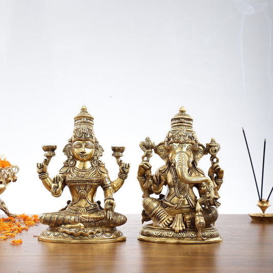 Superfine Brass Ganesha and Lakshmi Idol Statue Murti - 11 inch - Budhshiv.com