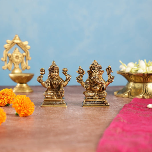 Superfine Brass Ganesha and Lakshmi Idols Pair | Height 3.5 inch - Budhshiv.com