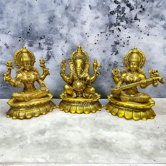 Superfine Brass Ganesha Lakshmi Saraswati Idols on Lotus Base 11 inch - Budhshiv.com
