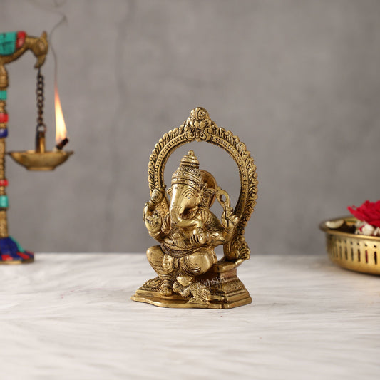 Superfine Brass Ganesha Statue with Prabhavali Frame - 5 inch - Budhshiv.com