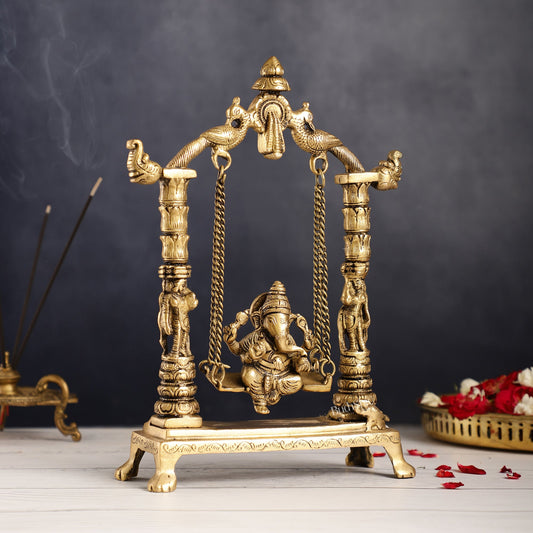 Superfine Brass Ganesha Swing with Engraved Pillars | Height 12 inch - Budhshiv.com
