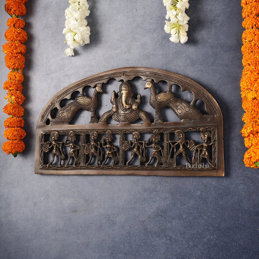 Superfine Brass Ganesha Wall Hanging with Peacocks and Tribal art - 13.5 inch wide - Budhshiv.com