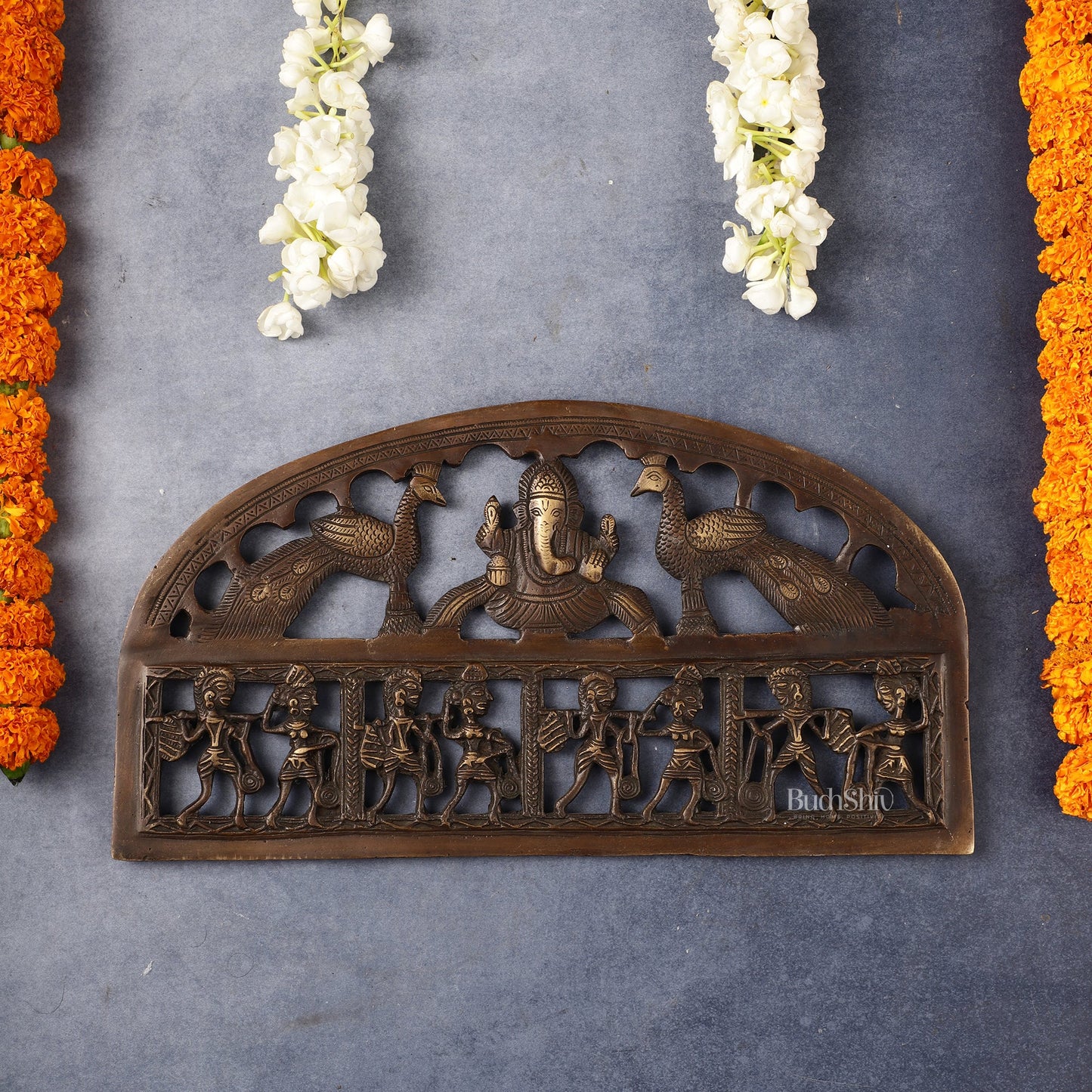 Superfine Brass Ganesha Wall Hanging with Peacocks and Tribal art - 13.5 inch wide - Budhshiv.com