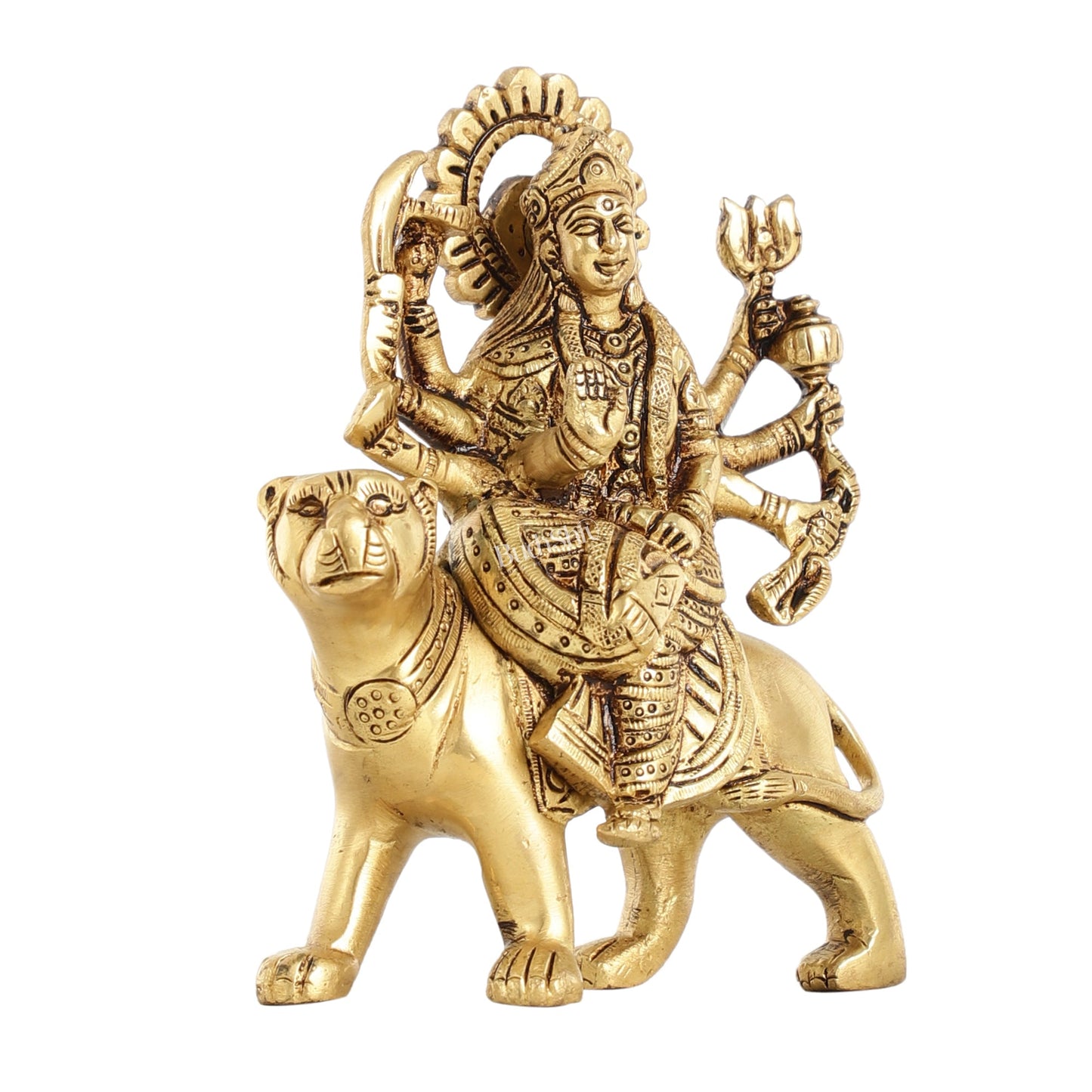 Superfine Brass Goddess Durga Seated on Tiger Idol - 5 Inch - Budhshiv.com
