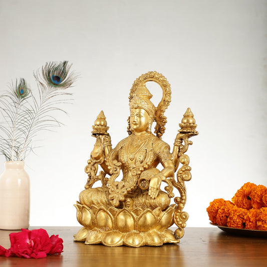 Superfine Brass Goddess Lakshmi Idol - 12.5 Inch - Budhshiv.com