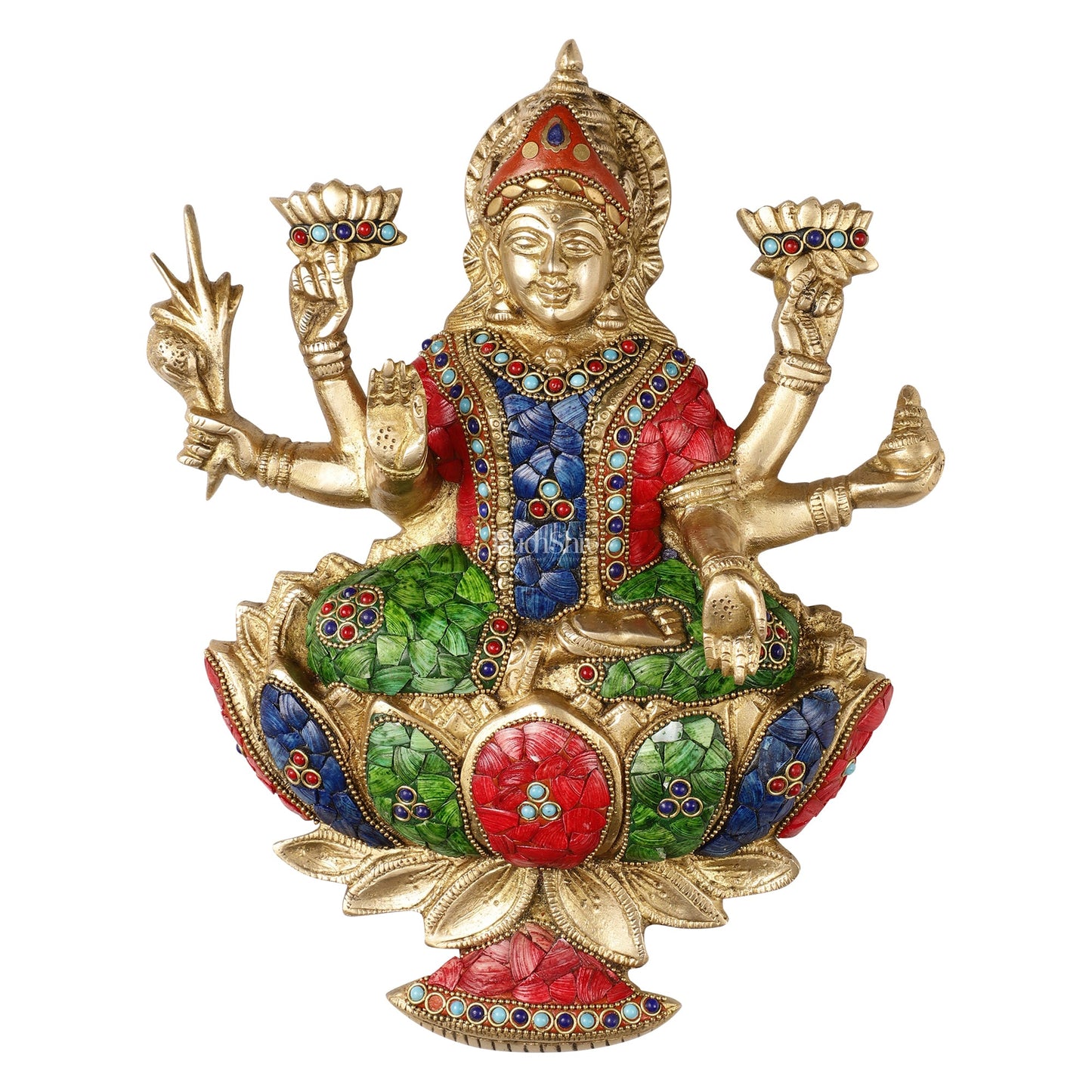 Superfine Brass goddess Lakshmi Seated on a Lotus Wall Hanging Stonework - 12 inch - Budhshiv.com