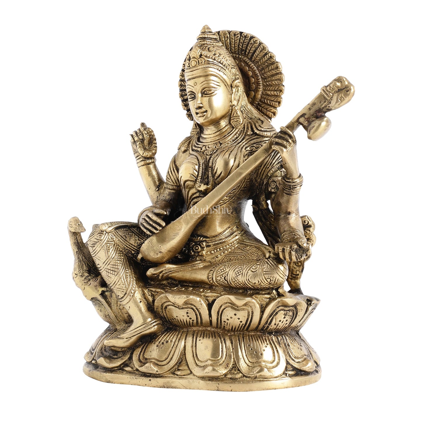 Superfine Brass Goddess Saraswati with Veena Idol 9 inch - Budhshiv.com