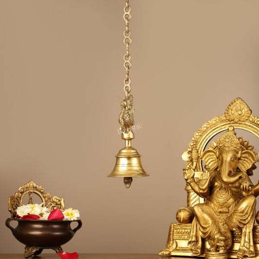 Superfine Brass Hanging Peacock Temple Bell - 7.5 Inch with 20-Inch Chain - Budhshiv.com