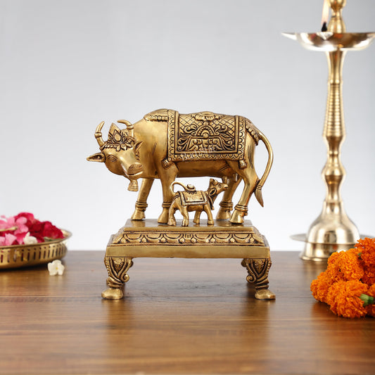 Superfine Brass Kaamdhenu Cow with Calf Idol | Divine Beauty | 8" - Budhshiv.com
