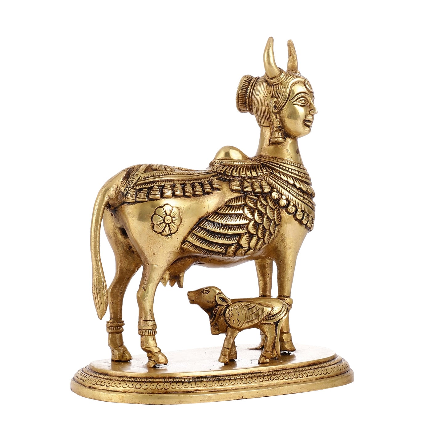 Superfine Brass Kamdhenu Cow with Calf Idol | Height 8.5 inch - Budhshiv.com