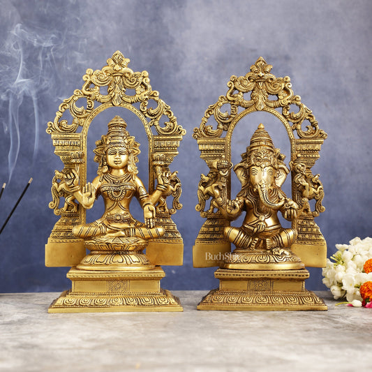 Superfine Brass Lord Ganesha and Goddess Lakshmi Idols with Frame - 12 inch - Budhshiv.com
