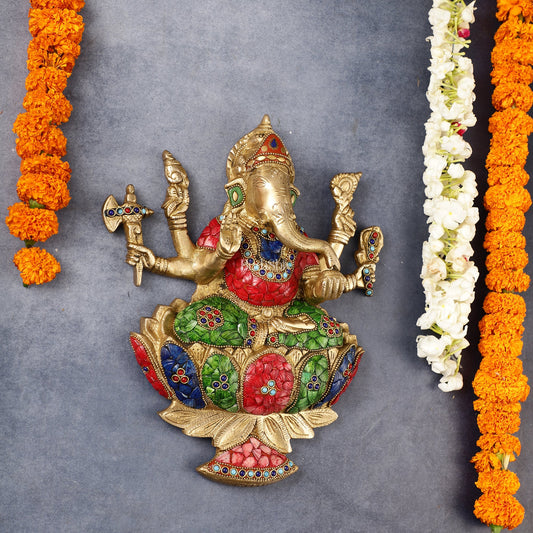 Superfine Brass Lord Ganesha Seated on a Lotus Wall Hanging Stonework - 12 inch - Budhshiv.com