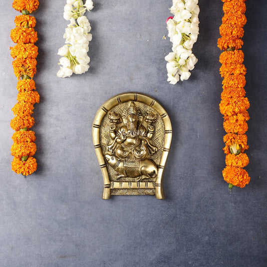 Superfine Brass Lord Ganesha Seated on a Mouse Wall Hanging - 6x5 Inch - Budhshiv.com