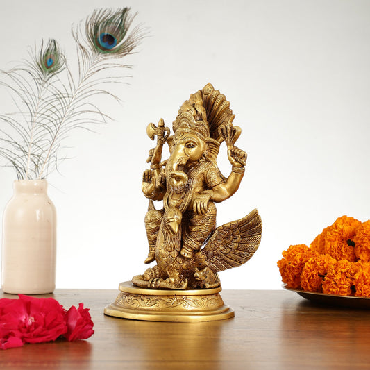 Superfine Brass Lord Ganesha Seated on Garuda - 10 inch - Budhshiv.com