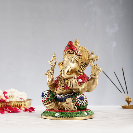 Superfine Brass Lord Ganesha with Stonework Idol Murti Statue - 12 inch - Budhshiv.com