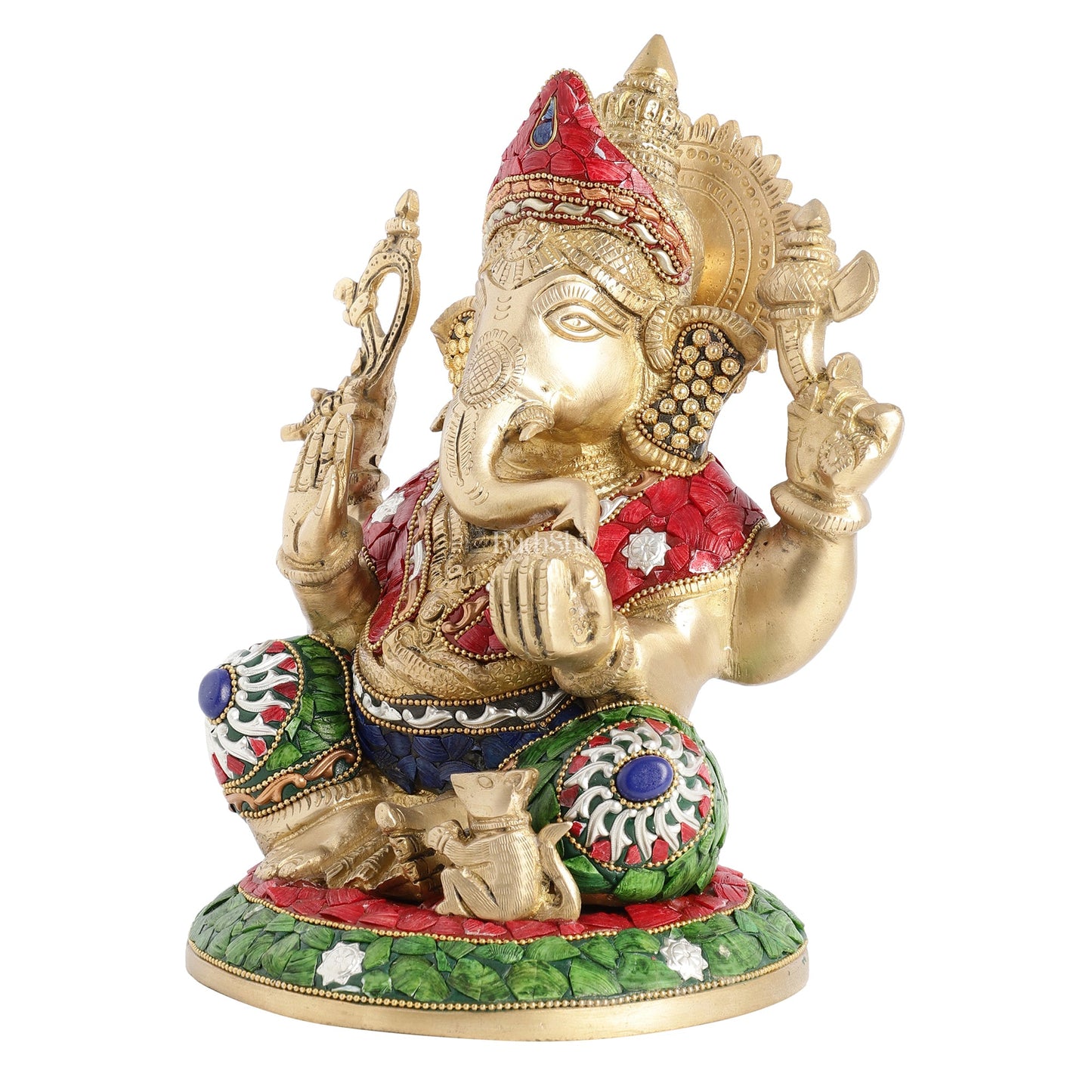 Superfine Brass Lord Ganesha with Stonework Idol Murti Statue - 12 inch - Budhshiv.com